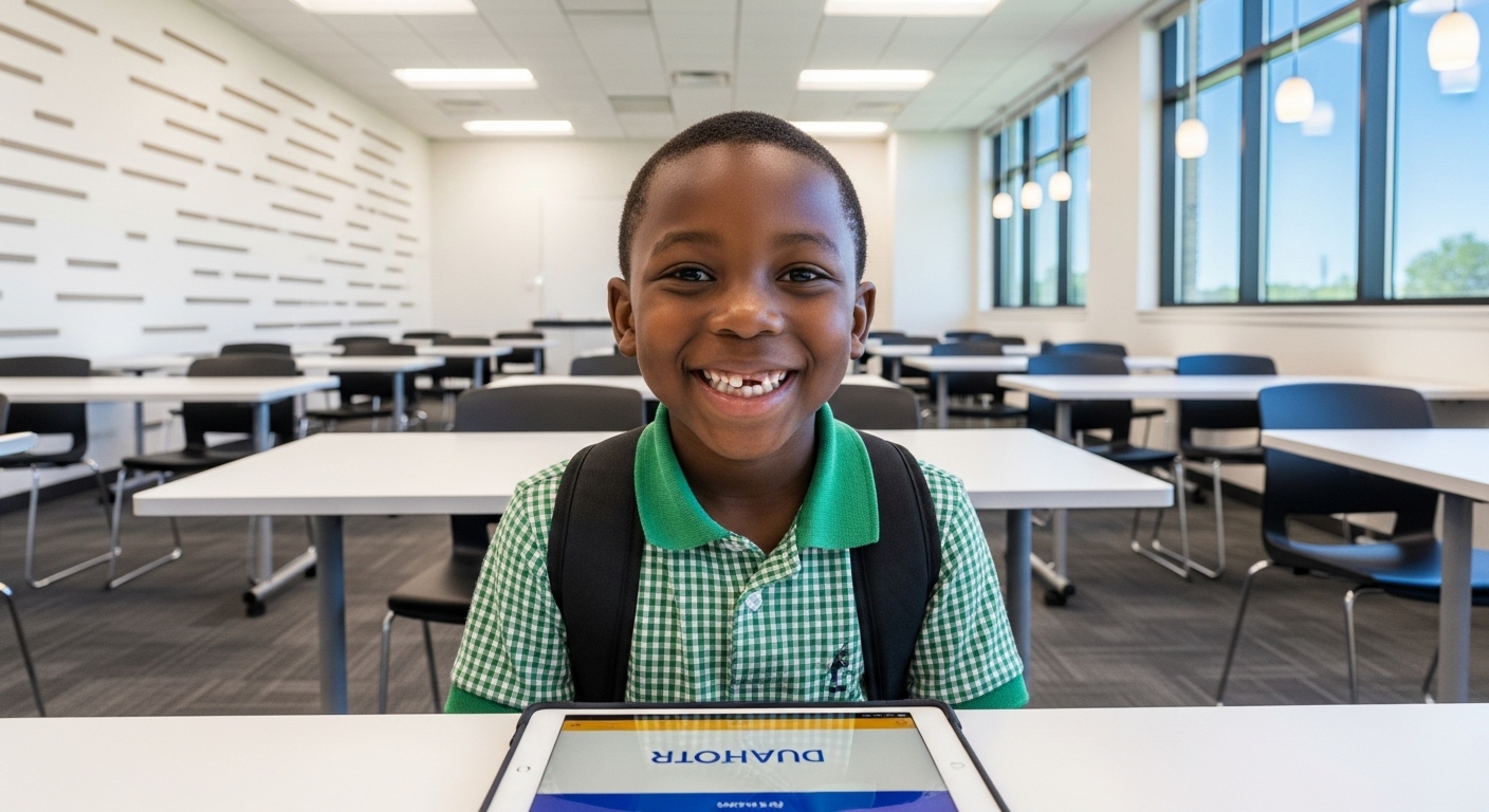 Same student, still in same setting, now confidently learning with DUAHTOR on a tablet